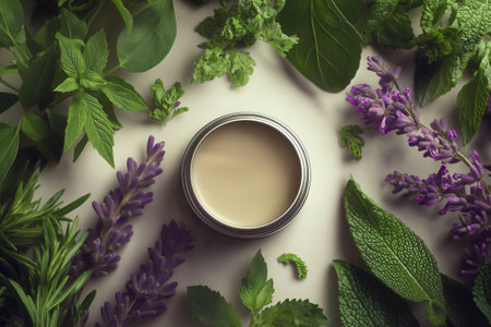 Aluminum jar full of herbal balm surrounded by fresh rosemary, lavender, and mint on a beige backgroundの素材