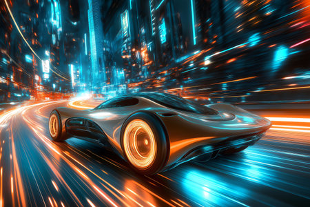 Futuristic car is speeding through a futuristic city at night, with neon lights blurring pastの素材