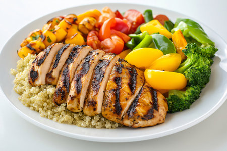 Delicious and nutritious meal is served on a white plate, featuring grilled chicken breast, quinoa, and a variety of colorful vegetablesの素材