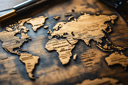Wooden world map with blurred background suggests global strategy and growth, perfect for adventure seekers and travelersの素材