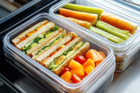 Healthy lunchboxes containing sandwiches and fresh vegetables are waiting in the office refrigeratorの素材