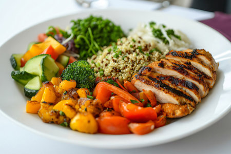 Healthy meal is served on a plate, containing grilled chicken breast, quinoa and fresh vegetablesの素材