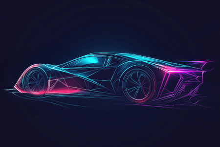 Abstract futuristic sports car speeding with motion lines, featuring glowing blue and pink lightsの素材