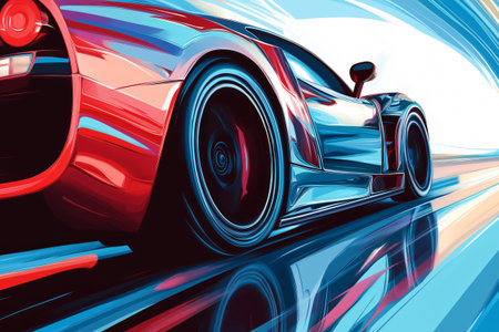 Exciting illustration of a red sports car speeding on a highway, leaving motion blur. Perfect for car enthusiasts dreaming of speed and adventureの素材