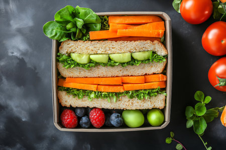 Lunchbox full of healthy food is laying on a table and is waiting to be taken to work or schoolの素材