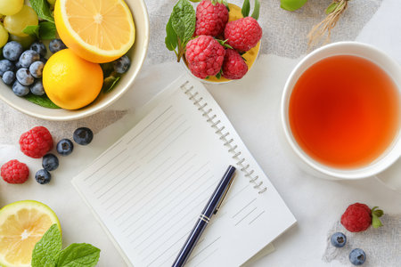 Nutritionist is writing a diet in a notebook surrounded by fresh fruits, a cup of tea and a penの素材