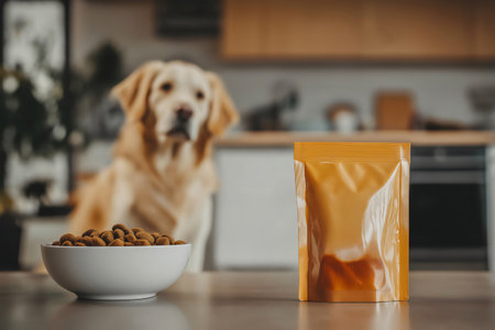 Customizable wet dog food pouch mockup placed on a table with a bowl of kibble and a blurred golden retriever in the backgroundの素材
