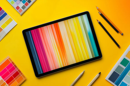 Customizable tablet mockup showcasing a vibrant color palette, surrounded by design tools on a yellow background, perfect for graphic design projectsの素材