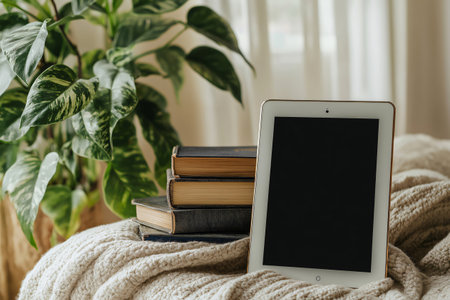 Tablet with blank screen placed on knitted blanket next to stack of vintage books and houseplant, creating a cozy home workplaceの素材