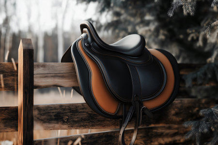 Black and brown horse saddle hanging on a wooden fence in a tranquil outdoor setting, evoking a sense of rural lifeの素材