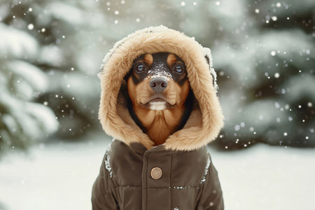 Small dog wearing a warm winter coat with fur hood, enjoying a snowy day in a forestの素材
