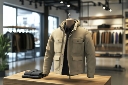 Modern beige winter jacket displayed on a mannequin in a clothing store, showcasing contemporary fashion and retail trendsの素材