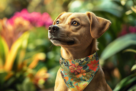 Brown dog wearing bandana posing in a botanical garden full of colorful flowersの素材