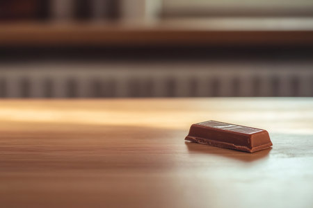 Single chocolate bar placed on a wooden surface in a brightly lit room, creating a simple yet tempting imageの素材