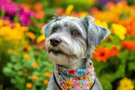 Adorable dog posing in a vibrant garden, wearing a floral bandana, enjoying a sunny dayの素材