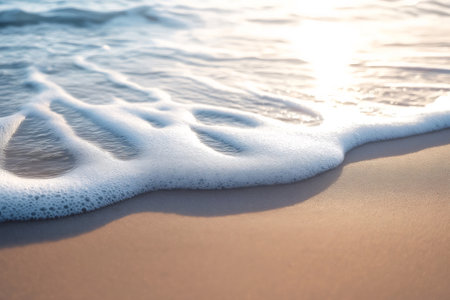 Close up of sea foam gently covering wet sand on a beach at sunset, creating a serene and peaceful atmosphereの素材