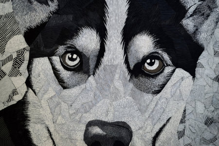Close up of an embroidered husky dog portrait, showcasing detailed needlework and expressive eyes, perfect for animal lovers and textile art enthusiastsの素材