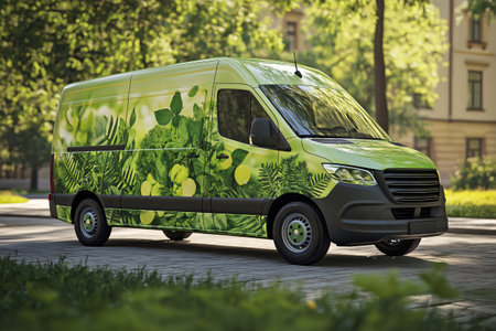 Customizable eco friendly delivery van parked on a paved road, showcasing a vibrant green design with images of fresh vegetables and lush foliageの素材