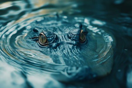 Close up of an American alligator lurking partially submerged, with its eyes open, creating ripples in the waterの素材