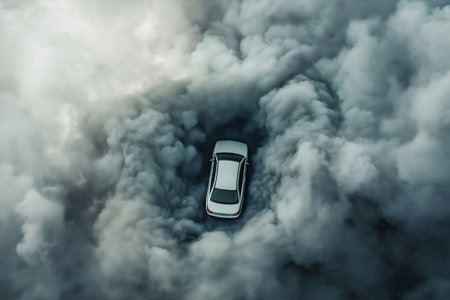 Aerial view of a white car polluting the atmosphere, releasing a large amount of smokeの素材
