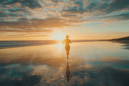 Young woman is running along the beach at sunrise, enjoying the fresh air and the beautiful sceneryの素材