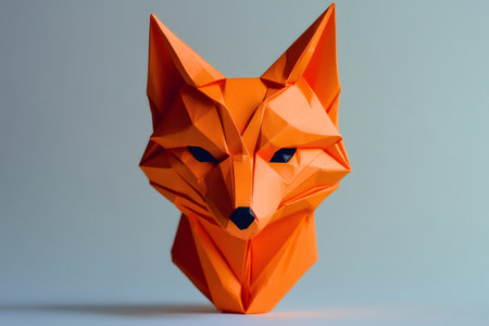 Orange origami fox showcasing intricate folds and geometric design, representing creativity and paper artの素材