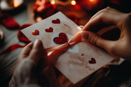 Hands tying a pink ribbon around a valentine's day card decorated with red glitter hearts, creating a romantic atmosphereの素材