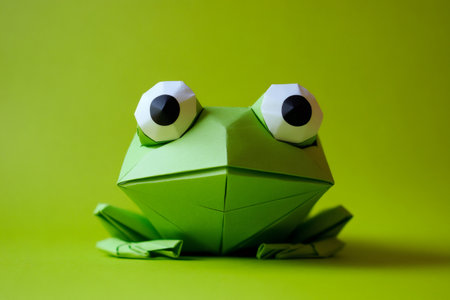 Green paper frog created with origami technique, resting on a vibrant background of the same colorの素材