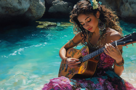 Young woman strumming a ukulele on a stunning beach, surrounded by crystal clear turquoise waters and tropical paradise vibesの素材