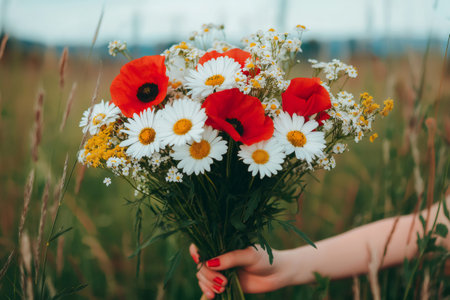 Woman holding a vibrant bouquet of colorful daisies and poppies while surrounded by a stunning summer meadow filled with wildflowersの素材