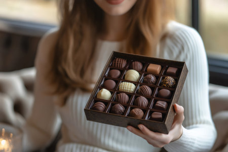 Woman is presenting a box of fine assorted chocolates, perfect for a gift or a special occasionの素材