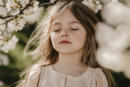 Portrait of a serene young girl with closed eyes, enjoying the tranquility of nature under a blooming cherry tree in springの素材