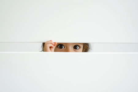 Little girl peeking through white blinds, playing hide and seek, with a curious expressionの素材