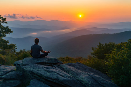 Man meditating on a rock overlooking a mountain valley at sunrise, enjoying peace and tranquilityの素材