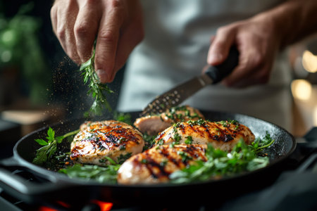 Close up of chef's hands adding fresh herbs to perfectly grilled chicken breasts in a pan, enhancing the aroma and flavor of the dishの素材