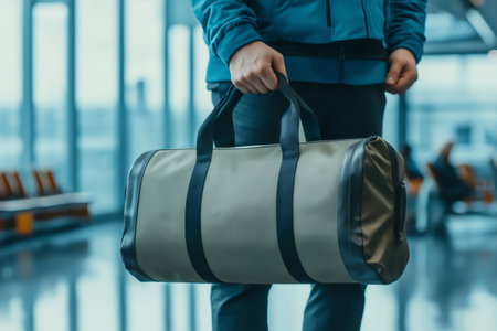 Traveler holding his luggage inside the airport terminal, ready to depart for his next adventureの素材