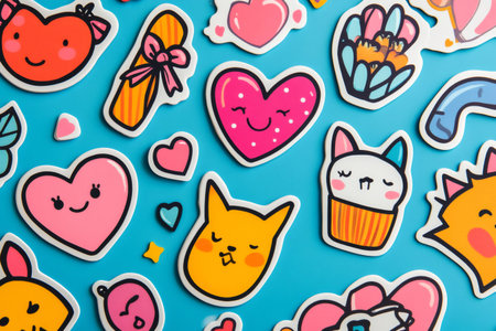 Colorful valentine's day stickers featuring hearts, cute animals, and playful designs creating a cheerful atmosphere on a vibrant blue backgroundの素材