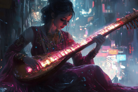 Indian woman musician elegantly playing a futuristic sitar in a cyberpunk city under the rain at nightの素材