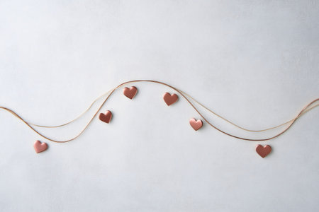 Minimalistic valentine's day background featuring rose gold hearts hanging on a golden string, creating elegant dividers on a textured white surfaceの素材