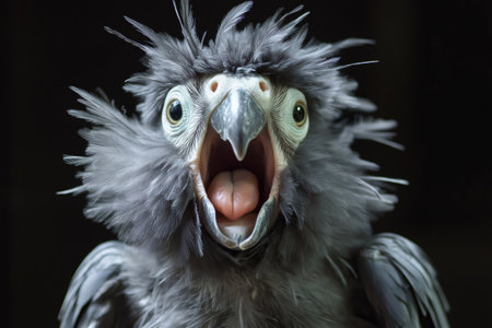 Close up of a gray parrot with ruffled feathers screaming with its beak wide open against a dark backgroundの素材