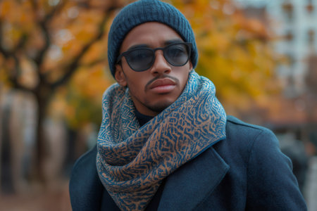 Portrait of a fashionable man wearing a scarf, sunglasses and wool cap during a beautiful autumn day in the cityの素材