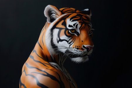Body painting art representing a tiger painted on a model's back, showcasing creativity and wildlife conceptの素材