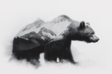 Monochrome double exposure image featuring a bear, symbolizing strength and resilience, merging with a majestic snowy mountain rangeの素材