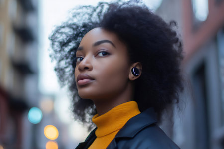 Young woman enjoying the urban lifestyle while listening to music through wireless earbuds, embracing modern technology and freedomの素材