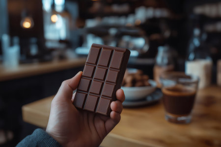 Hand holding a rich chocolate bar, surrounded by coffee and pastries in a cozy cafe setting, creating a moment of indulgent delightの素材