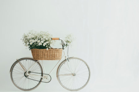 White vintage bicycle with wicker basket full of daisies and gypsophila flowers on white background, perfect for spring and summer advertisingの素材