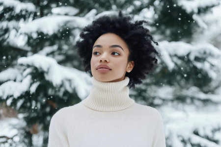 Fashionable model posing in a serene snowy winter forest, wearing a cozy white turtleneck sweater, embracing the beauty of the seasonの素材
