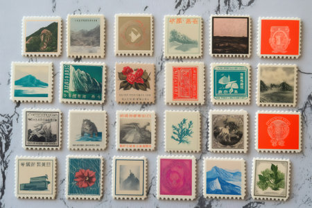 Flat lay of vintage postage stamps showing diverse imagery, evoking a sense of nostalgia and historyの素材