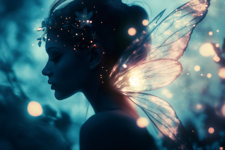 Portrait of a fairy woman with glowing wings and flowers in her hair, posing in a magical forest at nightの素材