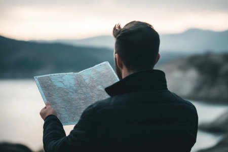 Man consulting a detailed map while soaking in the breathtaking mountain landscape during an adventurous hike through natureの素材